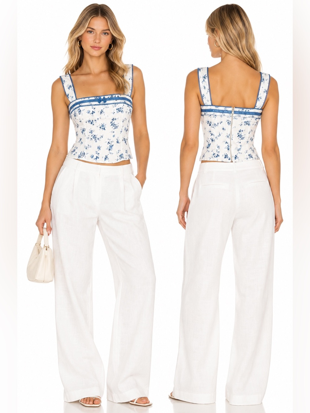 Reformation Blue Floral 100% Linen Corset Bustier Top Size 0 Cottagecore